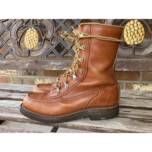 Size 6.5 E Orange Brown Leather Moc Toe Lace up Boots Vintage Power House 60s - Picture 1 of 3